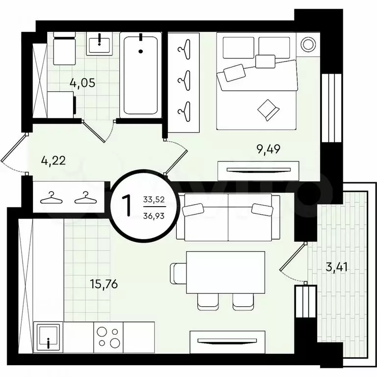1-к. квартира, 36,9 м, 4/4 эт. - Фото 0