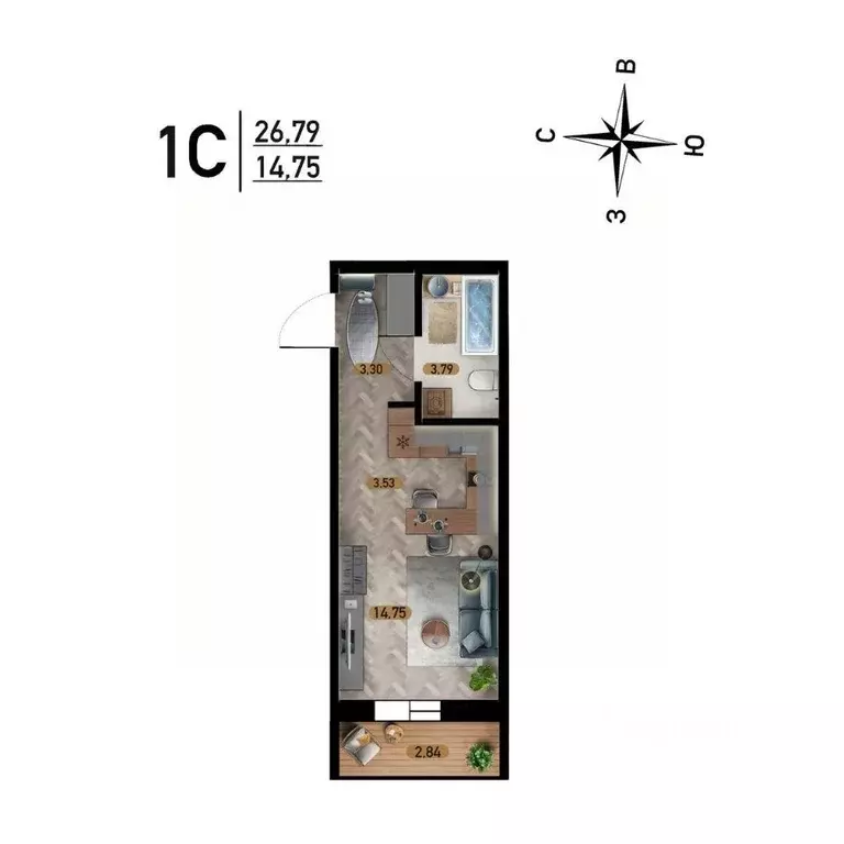 Студия Новосибирская область, Новосибирск ул. Забалуева, с10 (26.79 м) - Фото 1