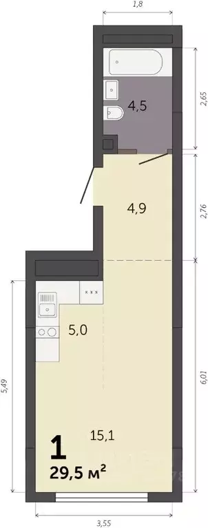 Студия Свердловская область, Екатеринбург Южный жилрайон,  (29.5 м) - Фото 1