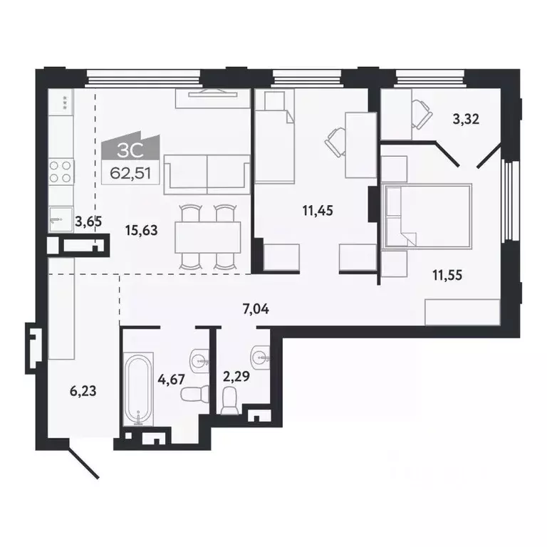 3-к кв. Томская область, Томск Черемошники мкр, ул. Бердская, 14/3 ... - Фото 1