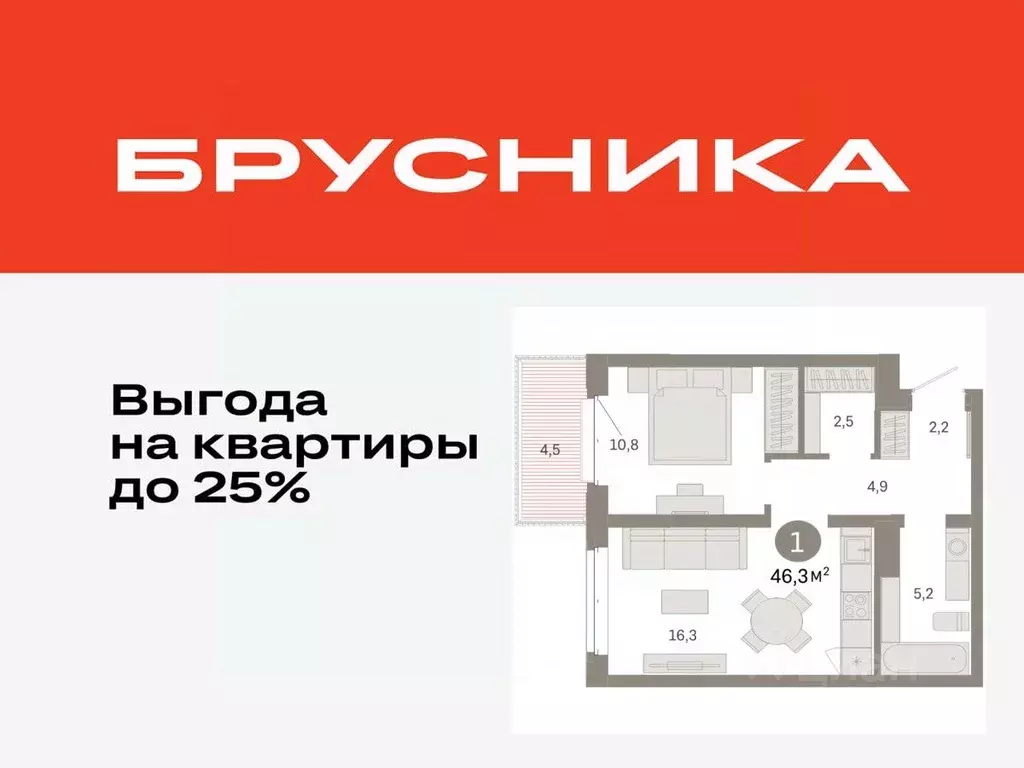 1-к кв. Тюменская область, Тюмень На Минской жилой комплекс (46.33 м) - Фото 0