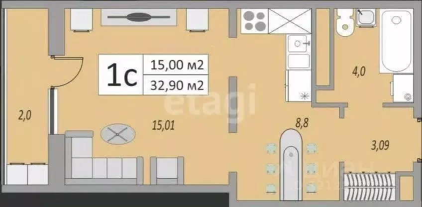 Студия Оренбургская область, Оренбург ул. Юркина, 6 (32.9 м) - Фото 1