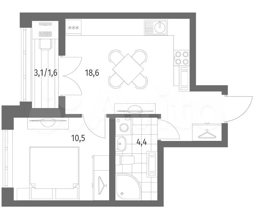 1-к. квартира, 35,1 м, 8/9 эт. - Фото 1