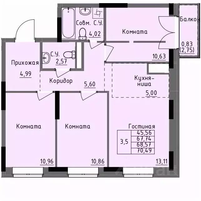 3-к кв. Удмуртия, Ижевск Строитель жилрайон, 4-й мкр,  (68.57 м) - Фото 0