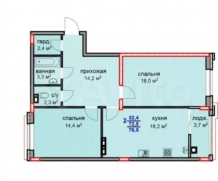 2-к. квартира, 76,5м, 4/8эт. - Фото 0