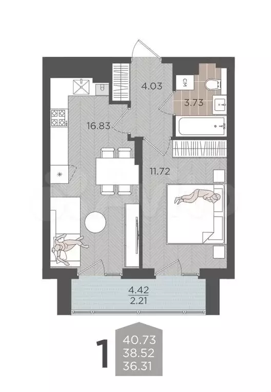 1-к. квартира, 38,5 м, 5/9 эт. - Фото 1