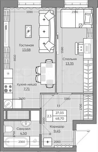 2-к. квартира, 48,7м, 24/25эт. - Фото 1