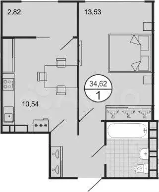 1-к. квартира, 34,7 м, 9/9 эт. - Фото 1