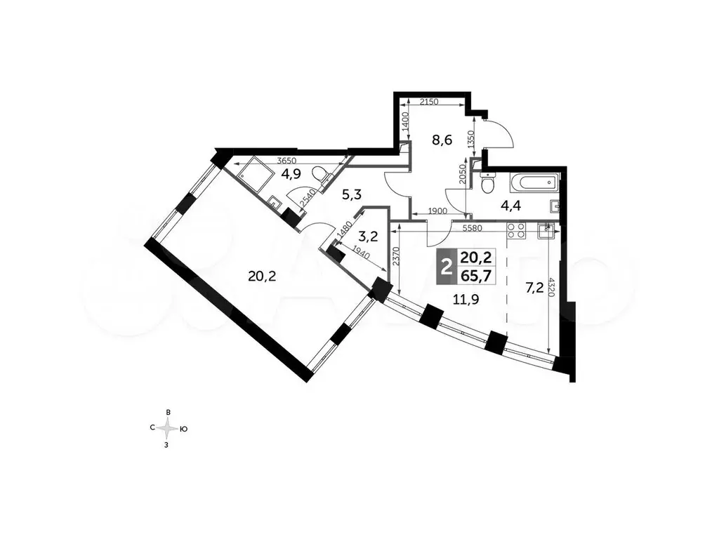 2-к. квартира, 65,7м, 13/44эт. - Фото 0