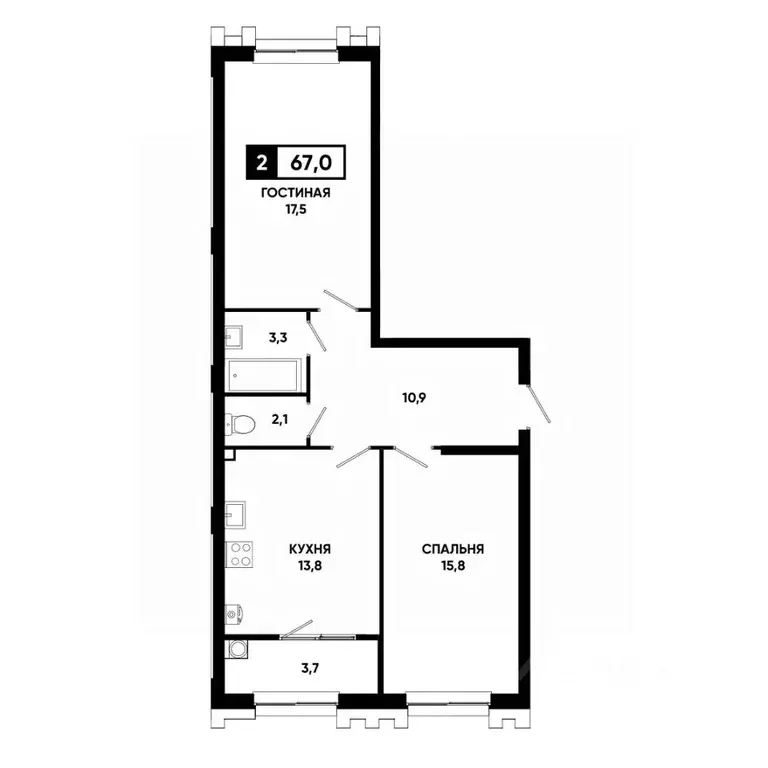 2-к кв. Ставропольский край, Ставрополь просп. Российский, 16к1 (67.0 ... - Фото 1