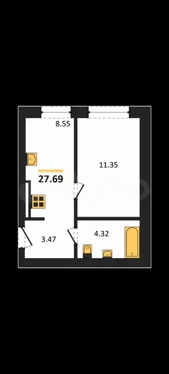 1-к. квартира, 27,7 м, 1/4 эт. - Фото 1