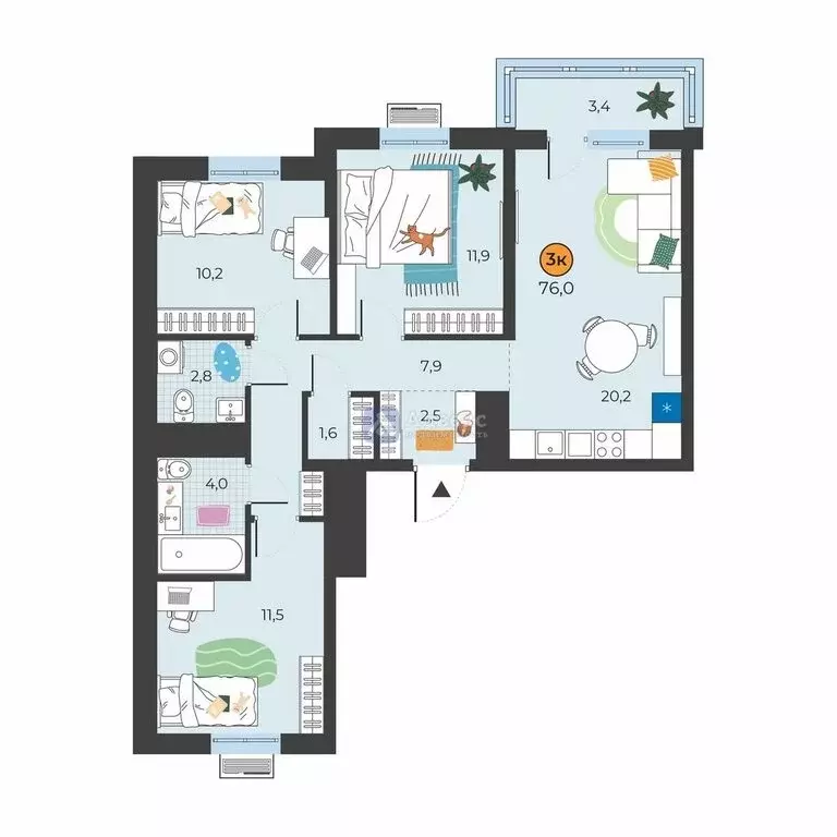 3-комнатная квартира: Тюмень, улица Надежды Шалагиной, 4 (73.6 м) - Фото 1