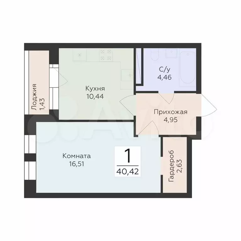 1-к. квартира, 40,4 м, 9/24 эт. - Фото 0