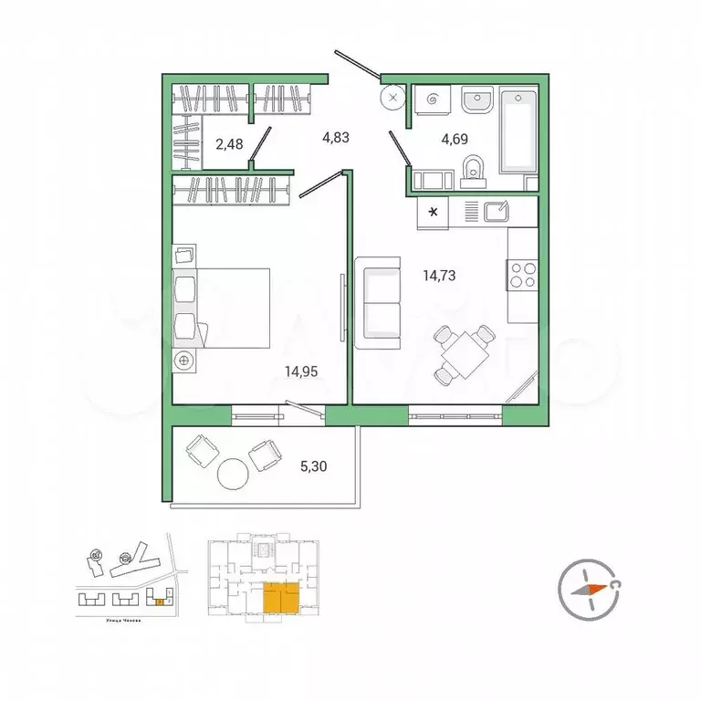1-к. квартира, 43,5 м, 2/9 эт. - Фото 0