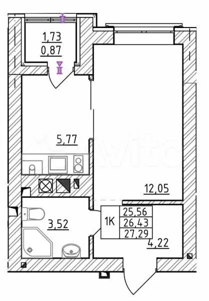 1-к. квартира, 26,4 м, 6/7 эт. - Фото 1