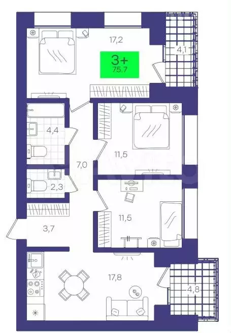 3-к. квартира, 75,7 м, 2/7 эт. - Фото 1