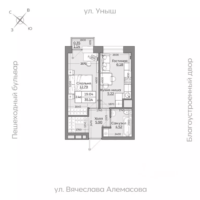 2-к кв. Татарстан, Казань ул. Рауиса Гареева (35.15 м) - Фото 0