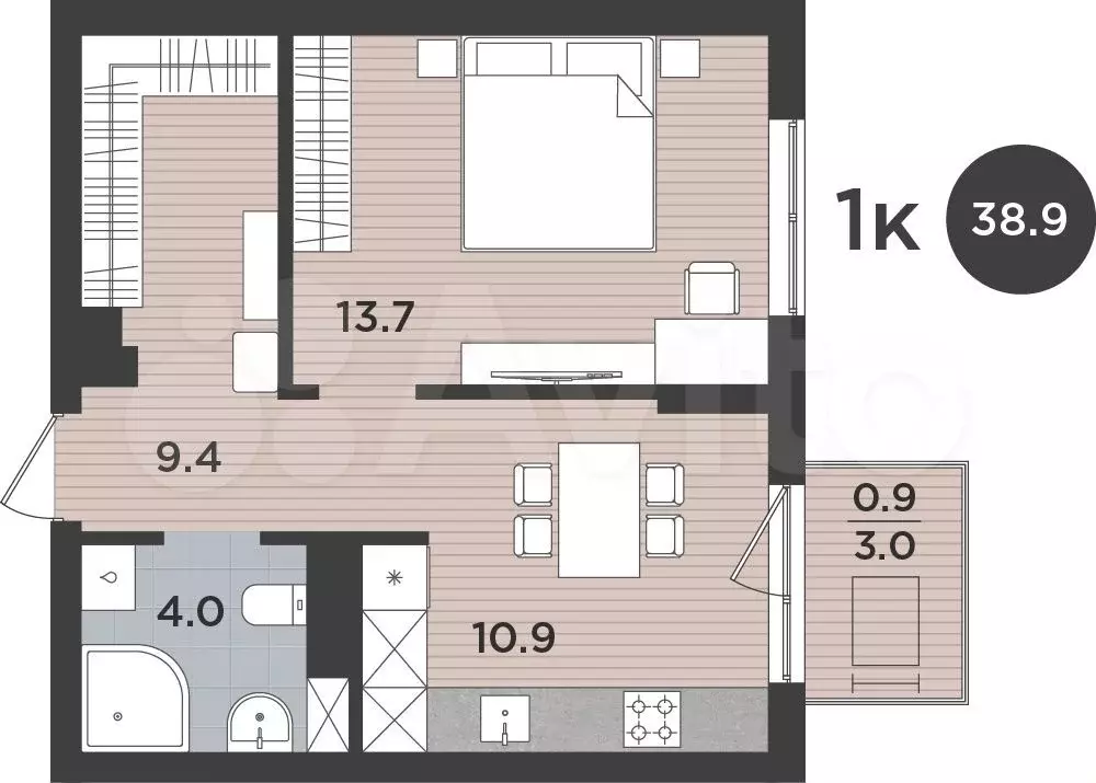 1-к. квартира, 38,9 м, 9/9 эт. - Фото 1