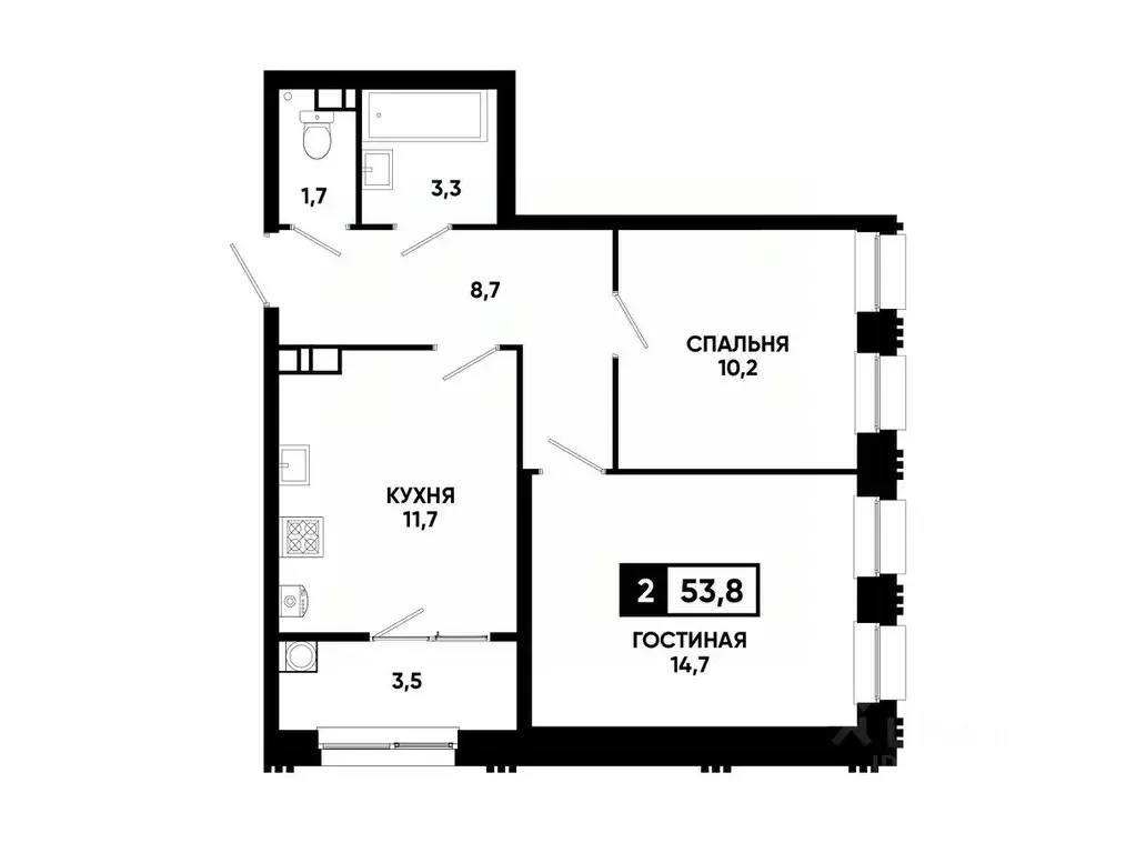 2-к кв. Ставропольский край, Ставрополь ул. Андрея Голуба, 12к8 (53.8 ... - Фото 0