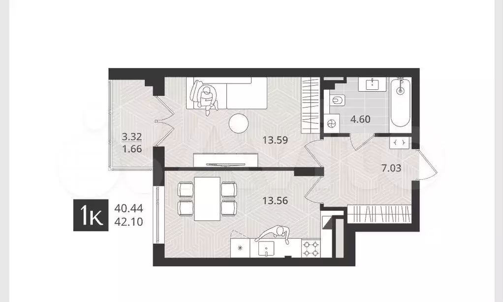 1-к. квартира, 40,4 м, 3/9 эт. - Фото 1