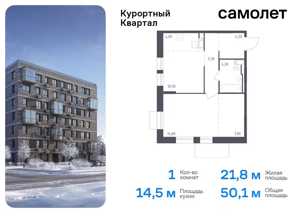 1-к кв. Санкт-Петербург пос. Песочный, Школьная ул., 80 (50.1 м) - Фото 0