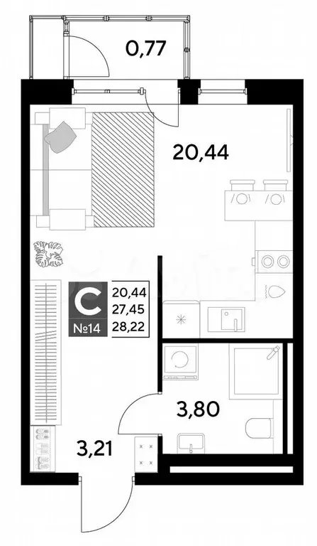 Квартира-студия, 28,2 м, 3/21 эт. - Фото 0