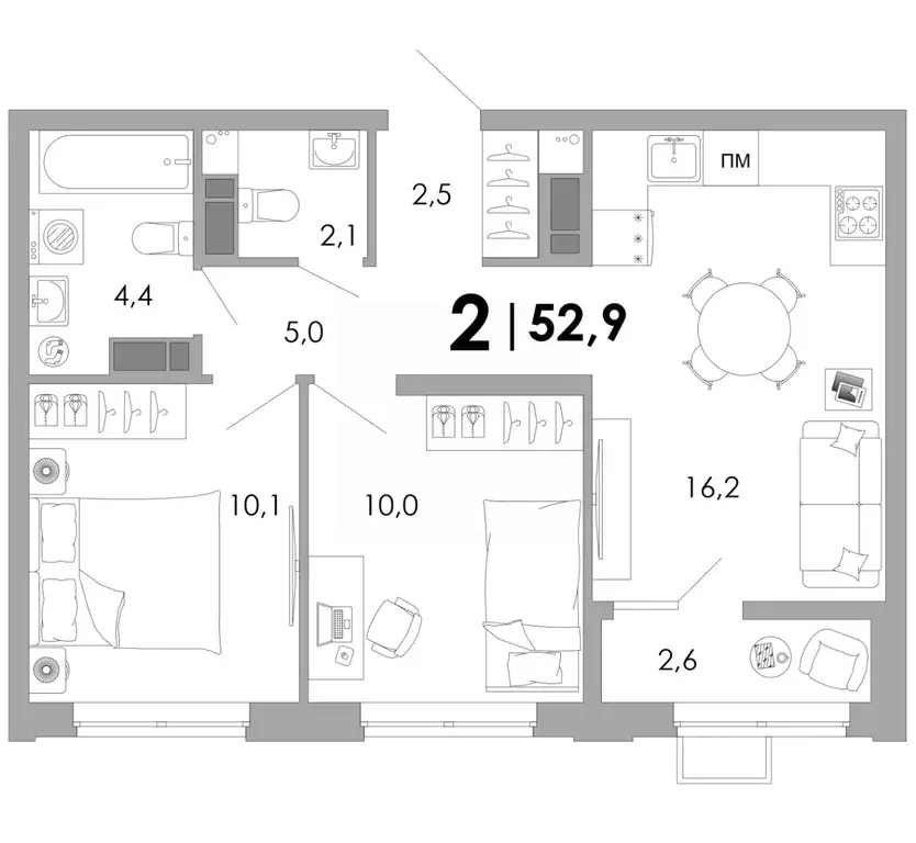 2-к кв. Владимирская область, Владимир Уно жилой комплекс (52.9 м) - Фото 1
