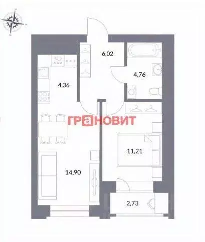 Квартира, 2 комнаты, 41.25 м - Фото 1