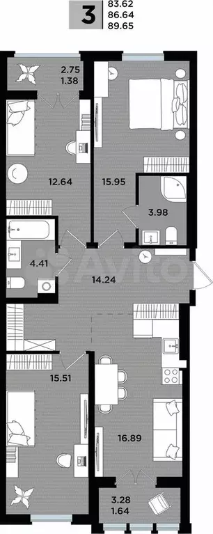 3-к. квартира, 89,6 м, 1/5 эт. - Фото 1