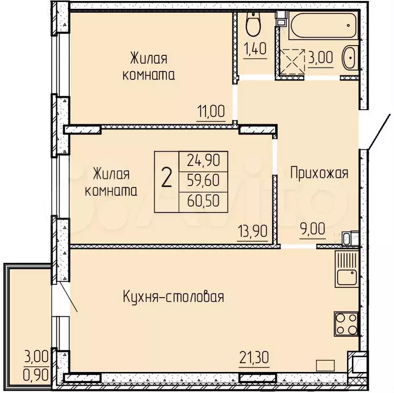 3-к. квартира, 59 м, 2/4 эт. - Фото 0