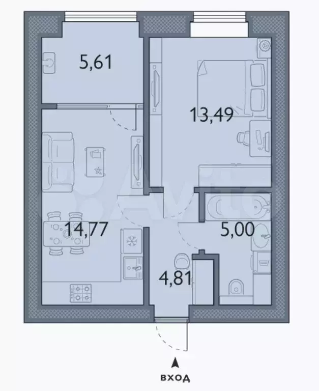 1-к. квартира, 43,7 м, 1/8 эт. - Фото 1