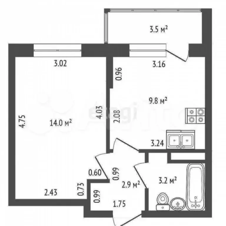 1-к. квартира, 29,9 м, 5/5 эт. - Фото 0