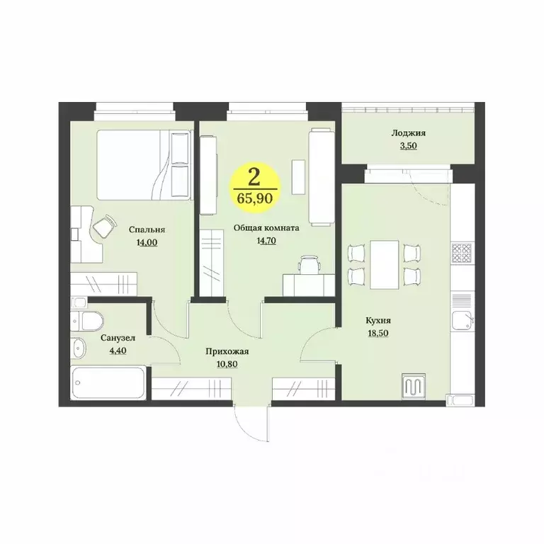 2-к кв. Ставропольский край, Ставрополь Лесная ул., 204 (65.9 м) - Фото 1