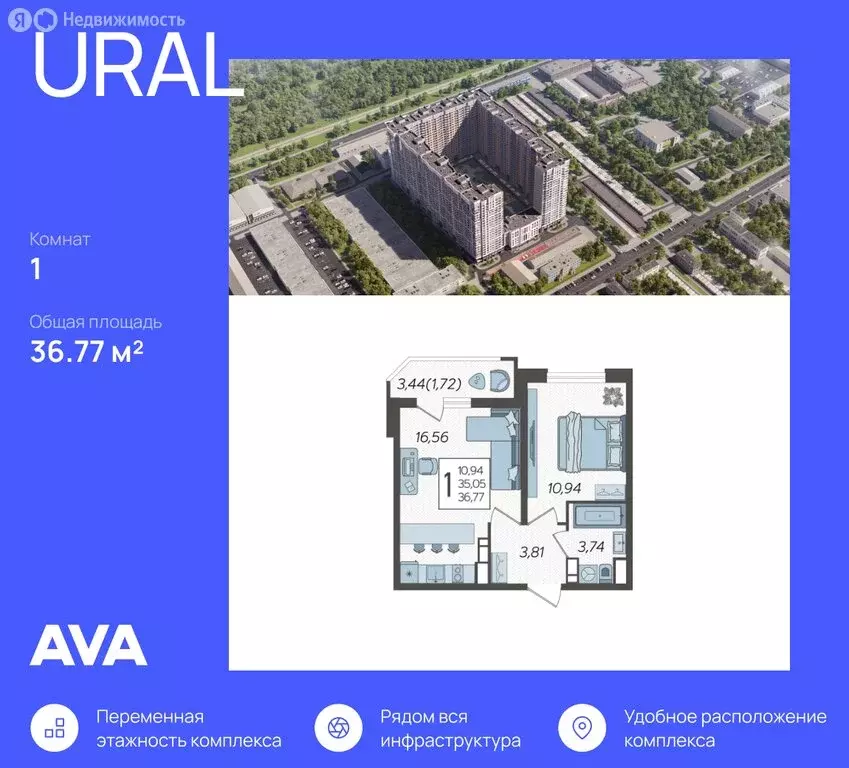 1-комнатная квартира: Краснодар, Уральская улица, 87/7 (36.77 м) - Фото 0