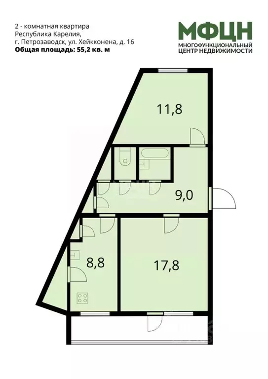 2-к кв. Карелия, Петрозаводск ул. Хейкконена, 16 (55.2 м) - Фото 2