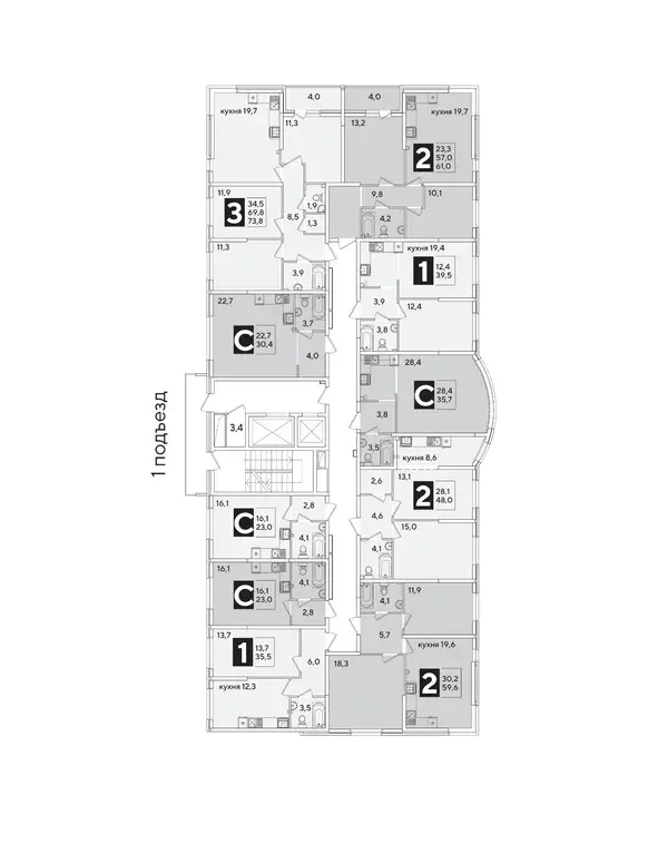 2-к кв. Краснодарский край, Краснодар Самолет-6 жилой комплекс (61.0 ... - Фото 2