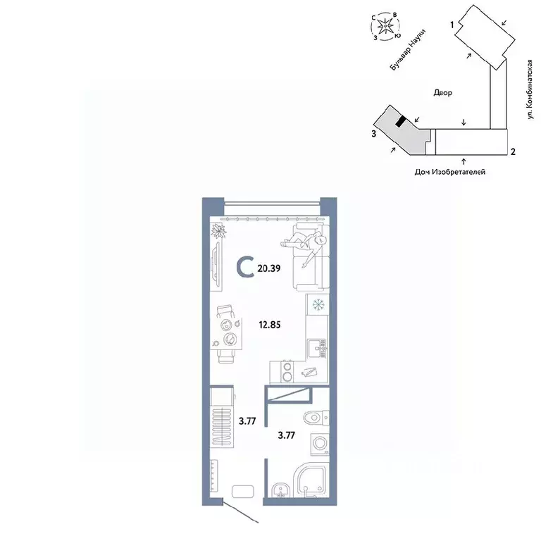 Студия Тюменская область, Тюмень Комбинатская ул., 16к1 (20.39 м) - Фото 0