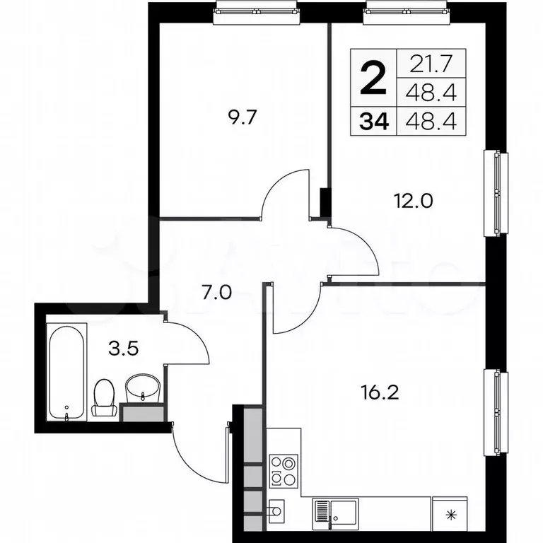 2-к. квартира, 48,4 м, 4/4 эт. - Фото 0