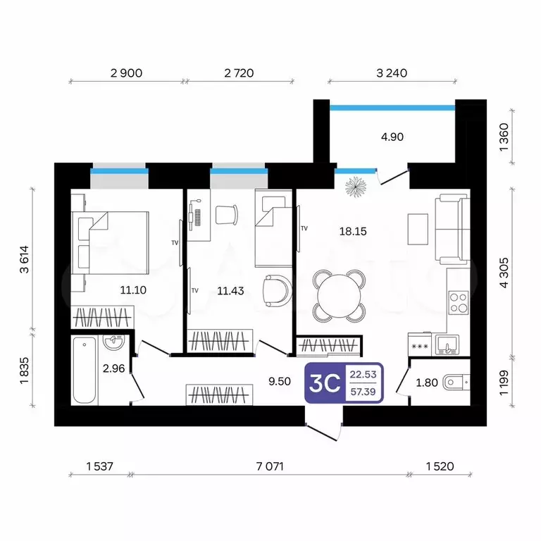3-к. квартира, 57,4 м, 5/9 эт. - Фото 0