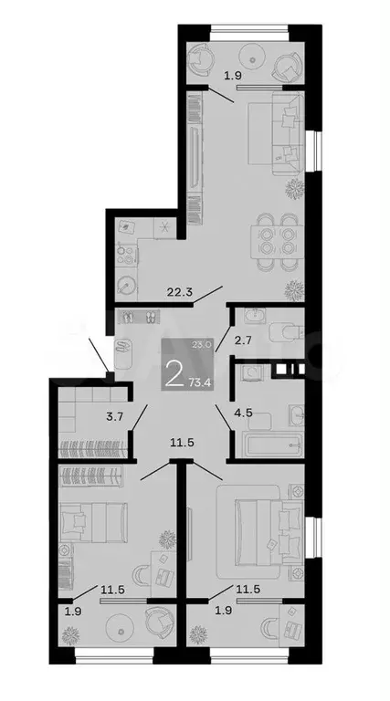 2-к. квартира, 73,4 м, 7/9 эт. - Фото 1