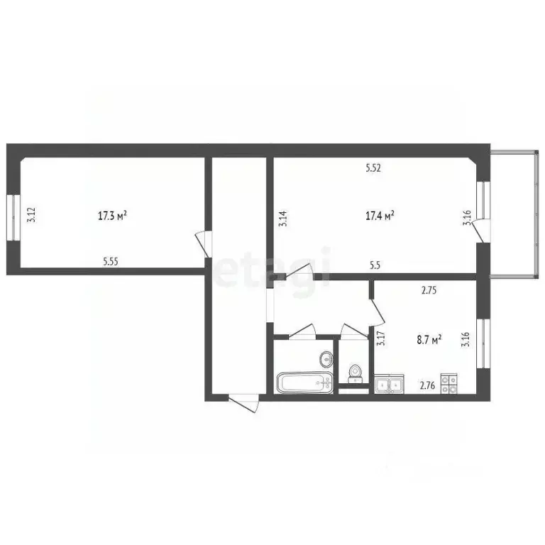 2-к кв. Белгородская область, Белгород ул. Буденного, 14г (61.5 м) - Фото 2