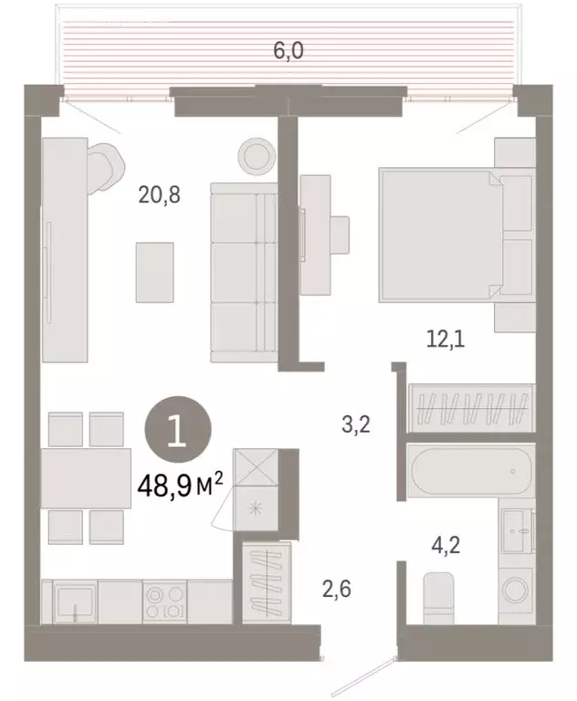 1-комнатная квартира: Тюмень, улица Республики, 205к3 (48.88 м) - Фото 1