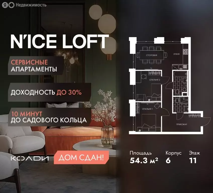 2-комнатная квартира: Москва, жилой комплекс Н айс Лофт (54.3 м) - Фото 1