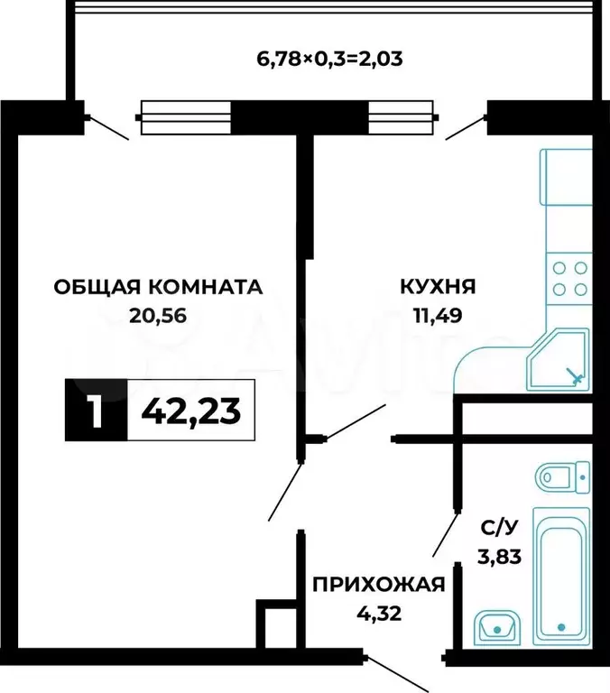 1-к. квартира, 42,2м, 2/12эт. - Фото 0