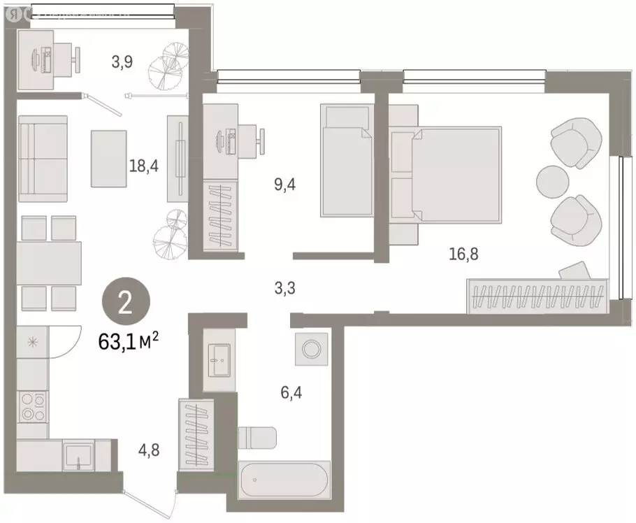 2-комнатная квартира: Тюмень, Мысовская улица, 26к1 (63.05 м) - Фото 1