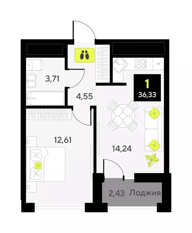 1-комнатная квартира: Тюмень, улица Андрея Приказнова, 1 (34.3 м) - Фото 1