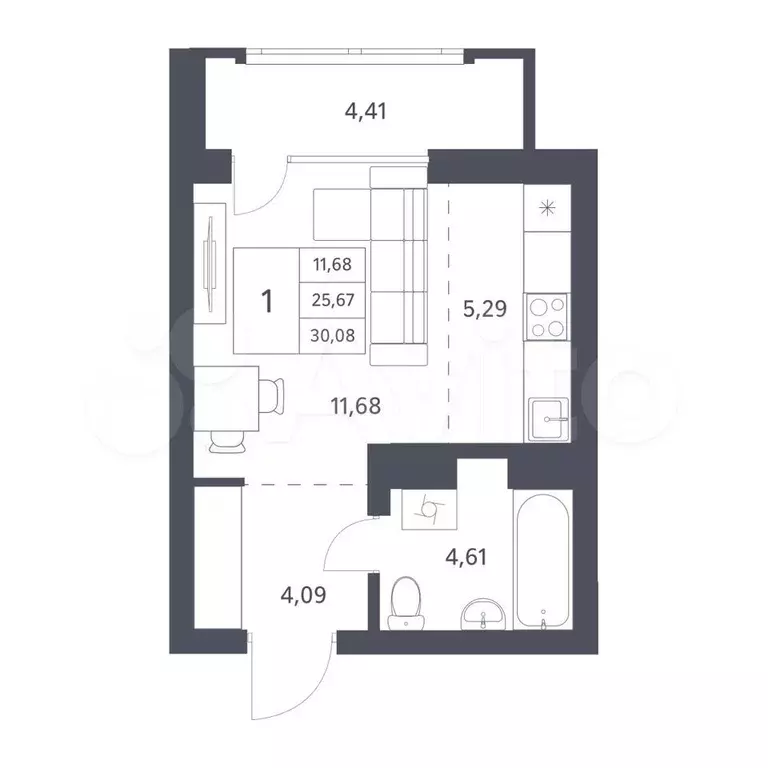 Квартира-студия, 30,1 м, 6/22 эт. - Фото 1