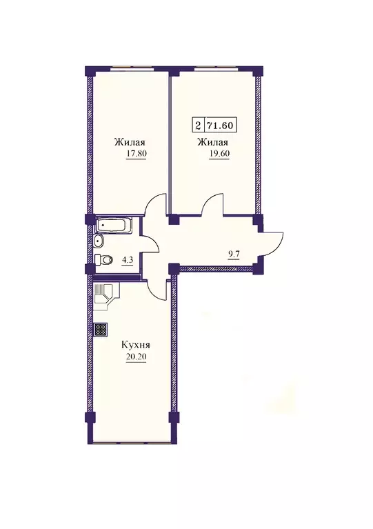 2-к квартира, 71.6 м - Фото 0
