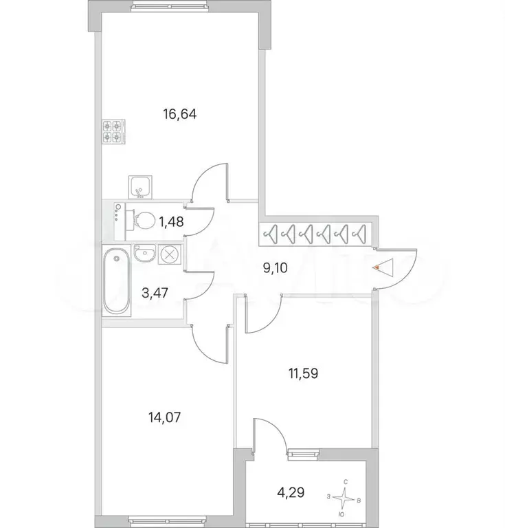 2-к. квартира, 58,5 м, 4/4 эт. - Фото 0