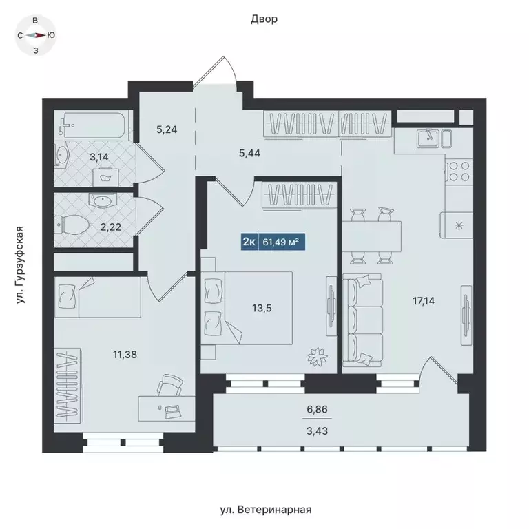 2-к кв. Свердловская область, Екатеринбург ул. Ветеринарная (62.1 м) - Фото 0